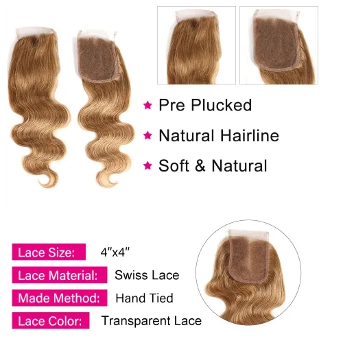 Vista 5 de X-TRESS Cabello humano con cierre rubio miel 4x4, prearrancado con abuelitos, encaje transparente 4x4, parte libre blanqueada, cabello natural