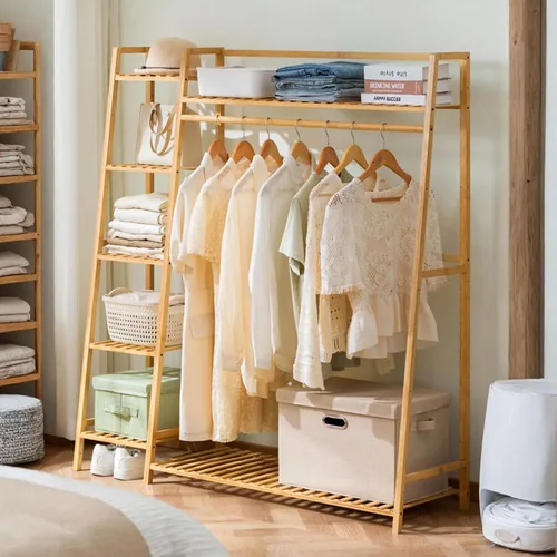 Vista 5 de Bamboo Clothing Garment Rack, Free Standing Clothes Coat Hanger, Closet Organizer w/Shoe Rack, Multi-tiered Wardrobe Storage Shelves, Clothes