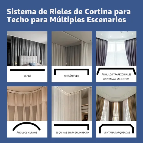 Vista 6 de Divisor de habitación con rieles para cortinas montadas en el techo, juego extra ancho de cortinas opacas con rieles flexibles para dormitorio