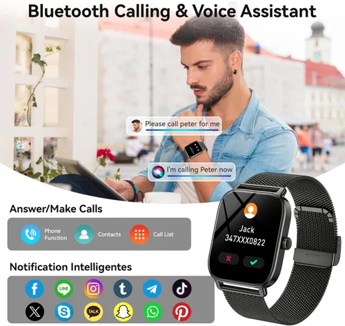 Vista 2 de Reloj inteligente para hombres y mujeres, rastreador de ejercicio: resistente al agua, respuesta de llamadas Bluetooth, haz relojes inteligentes