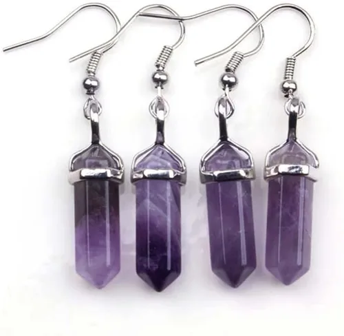 Vista 6 de Pendientes de ágata negra con columna hexagonal de cristal curativo natural, aretes colgantes de piedra amatista, joyería para mujer 2892E