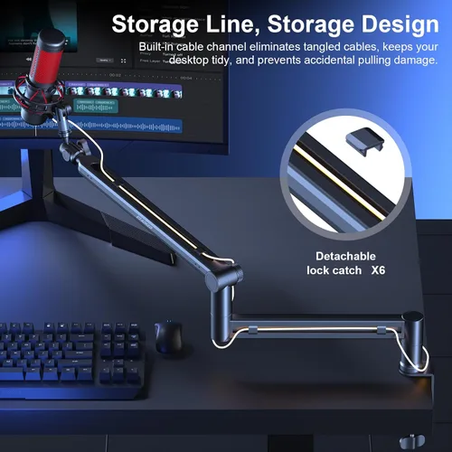 Vista 6 de Brazo de Micrófono, Aokeo AK-58 - Soporte de Brazo de Micrófono de Escritorio de Bajo Perfil Ajustable, Adecuado para Blue Yeti, Snowball iCE