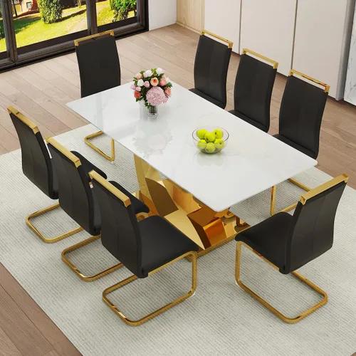 Vista 27 de Juego de Mesa de Comedor Negra para 6, Mesa de Comedor de Mármol Falso de 71" para 6, Juego de Mesa de Cocina Rectangular con Sillas de Cuero PU