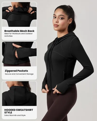 Vista 4 de QUEENIEKE Chaqueta de entrenamiento para mujer, con cremallera completa, sudadera con capucha para correr, ajustada, para yoga, recortada