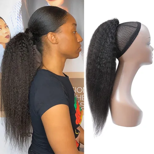 Vista 11 de Cola de caballo de cabello humano rizado con cordón brasileño Remy Extensin 3C Kinky Curly Hair Clip en pieza de pelo color natural sedoso suave 10