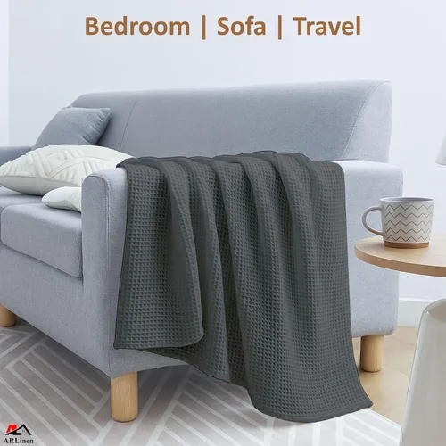 Vista 5 de Manta de cama de gofres, 100% algodón, suave, ligera, transpirable, manta térmica para todas las estaciones, tamaño matrimonial, gris oscuro