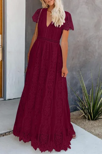 Vista 5 de PRETTYGARDEN - Vestido largo de encaje floral para mujer, manga corta, cuello en V, vestidos de fiesta para boda y para la noche