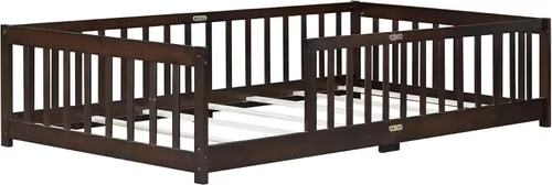 Vista 8 de Twin Size Floor Bed with Slats and Guardrails, Wood Floor Bed, Espresso