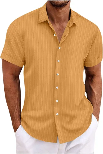 Vista 6 de Ctreela Camisa cubana de lino de manga corta para hombre, ligera, con botones, guayabera, camisas de trabajo casuales con cuello vuelto