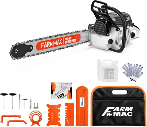 Vista 7 de Motosierra de gasolina de 2 ciclos F380W 72cc, motosierra de gas de 3.6KW 4.8HP apta para barra de 24/25/28 pulgadas, todas las piezas compatibles