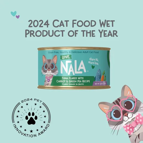 Vista 2 de LOVE, NALA - Comida húmeda natural para gatos adultos - Atún en copos con zanahoria y guisantes verdes en caldo - Sin granos, sin OMG, proteína