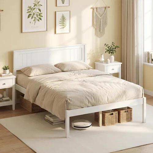 Vista 11 de Giantex Base de cama individual con cabecero, cama de plataforma de madera maciza con soporte de listones de madera, cama individual