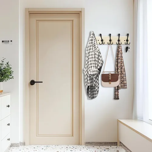 Vista 2 de Perchero de madera resistente para pared, paquete de 2 perchas de pared con 5 ganchos triples para ropa, chaqueta, sombrero, llaves, organizador
