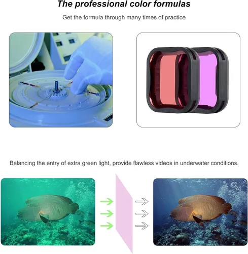 Vista 6 de Filtro subacuático para GoPro Hero 7 6 5 negro en color rojo y magenta ideal para esnórquel/buceo poco profundo, accesorios subacuáticos para Go Pro
