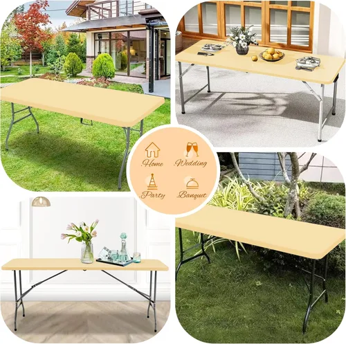 Vista 7 de Paquete de 6 fundas de tela elástica para mesa, color beige, para mesas de 8 pies, protector de mantel rectangular universal lavable y elástico