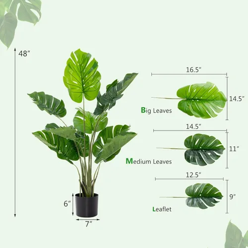 Vista 6 de GOFLAME Planta artificial Monstera Deliciosa, árbol sintético en maceta de 4 pies con 10 hojas falsas verdes, planta de queso suizo para decoración
