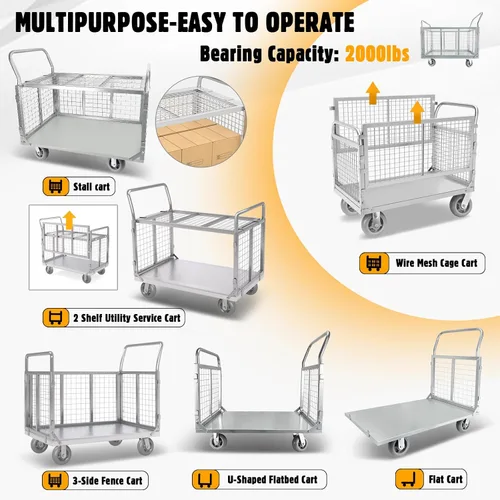 Vista 5 de Carrito de Plataforma con Jaula, Multiusos 6 en 1 Plegable Carrito de Plataforma Plana Carrito de Empuje Resistente Diablito con Ruedas Giratorias