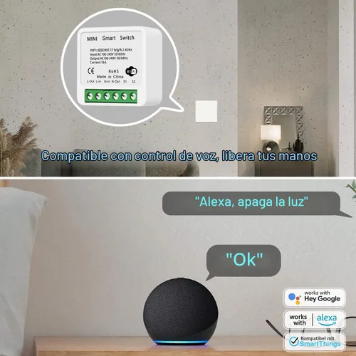 Vista 2 de Interruptor de luz inteligente WiFi compatible con Alexa/Google Home, control remoto/de voz por aplicación, modo DIY, función temporizador, control