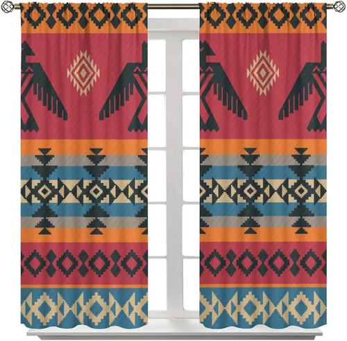 Vista 96 de Cortinas con patrón geométrico tribal, estilo suroeste, azteca, rústico, occidental, nativo americano, opacas, con bolsillo para barra, decoración