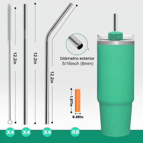 Vista 2 de Popote de acero inoxidable de repuesto para vaso de viaje Stanley Adventure y vasos Simple Modern de 40 onzas, 8 popotes de metal reutilizables