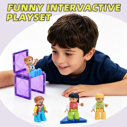 Vista 7 de ZNZ Figuras magnéticas de personas para niños, 4 piezas, juguetes compatibles con azulejos magnéticos, bloques magnéticos para niños y niñas, regalos