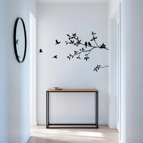 Vista 6 de Vinilo decorativo para pared con dibujo de aves volando y ramas de árboles Negro