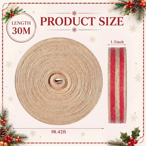 Vista 2 de Rtteri 98.4 ft Christmas Burlap Ribbon Roll DIY, Red, 1.5 Inch Wide