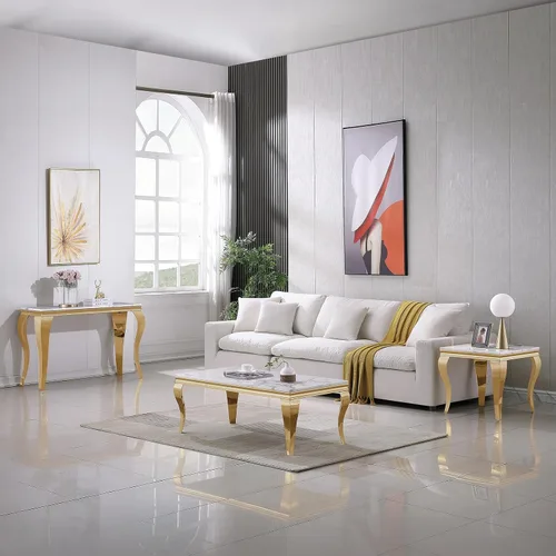 Vista 7 de Mesa de centro moderna, mesa central rectangular de mármol sintético blanco de 47 pulgadas, mesa de té de cóctel con acabado espejo dorado, base