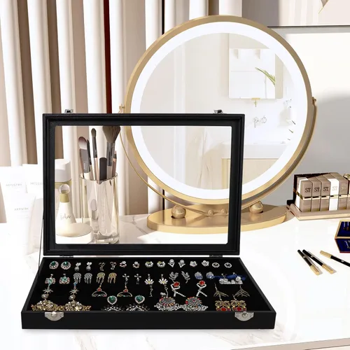 Vista 2 de Wuligirl - Bandeja organizadora de anillos con 100 ranuras y tapa transparente, organizador apilable de joyas como aretes, collares y anillos