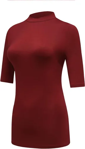 Vista 2 de OThread & Co. Camiseta de media manga con cuello alto y capa elástica básica para mujer, cómoda y casual