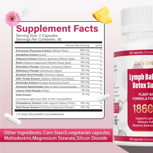 Vista 5 de Suplementos de drenaje linfático, suplemento de apoyo del sistema linfático de 1860 mg para mujeres con diente de león, bardana, equinácea, rutina