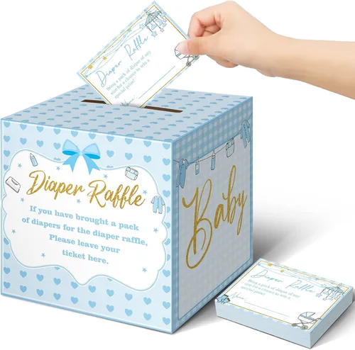 Vista 21 de Teling 51 boletos para rifas de pañales con caja de tarjetas, decoración de baby shower, caja de revelación de género para fiesta de rifas