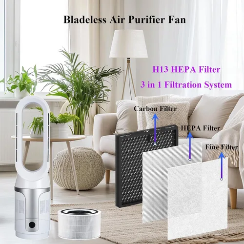 Vista 3 de Ventilador de torre sin aspas y purificador de aire, filtro HEPA True H13, ventilador oscilante sin aspas de 90° con control remoto y táctil