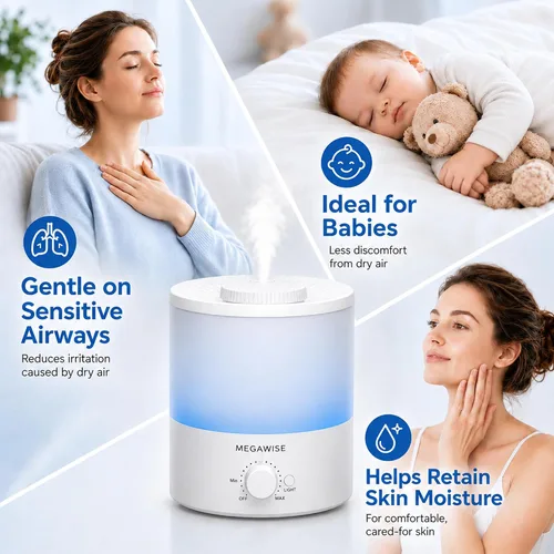 Vista 3 de Humidificador Ultrasónico de Vapor Frío MegaWise SK7620 - Capacidad de 1.5L, Operación Silenciosa, Salida de Vapor Ajustable, Apagado Automático