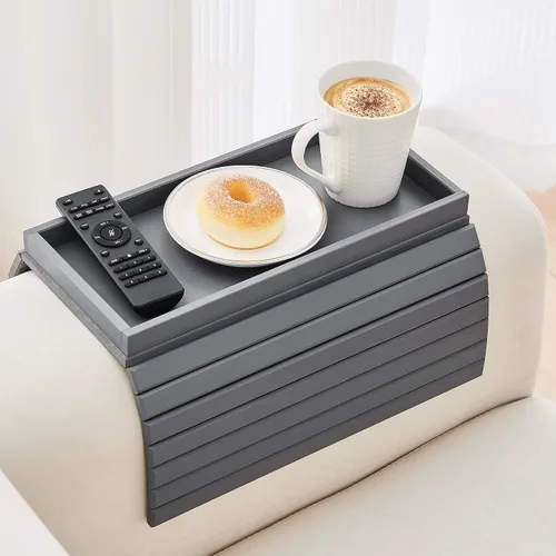 Vista 9 de GEHE Bandeja de madera de acacia para sofá, mesa auxiliar plegable para el brazo del sofá, mesa auxiliar con reposabrazos anticaídas, soporte