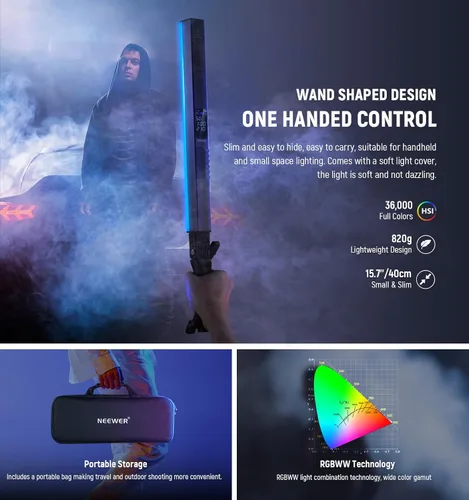 Vista 2 de NEEWER Barra de Luz LED RGB2 con Puerta de Granero de Metal, Mango, Barra Táctil/APP/Control 2.4G, Luz de Video RGB Magnética Recargable de Mano
