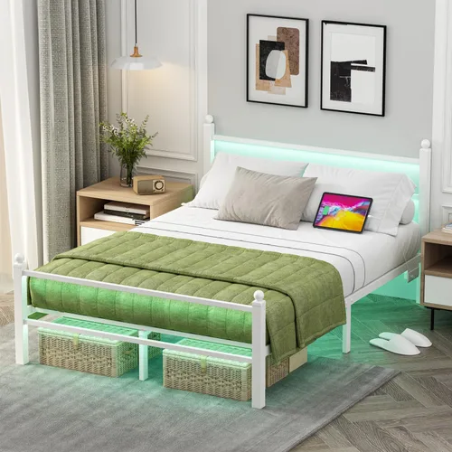 Vista 9 de Jenmit - Estructura de cama de tamaño completo con estación de carga y luces LED, estructura de cama de plataforma metálica con cabecera y pie