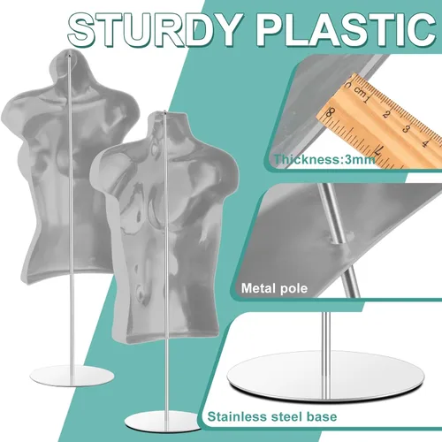 Vista 3 de Sintuff Paquete de 2 maniquíes masculinos y femeninos con soporte de metal, ganchos para colgar, forma de vestido, camisa con espalda hueca
