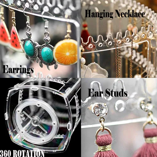 Vista 5 de Sooyee Soporte giratorio para aretes y organizador de joyas, 4 niveles, soporte clásico, 156 agujeros y 160 ranuras para collares, aretes