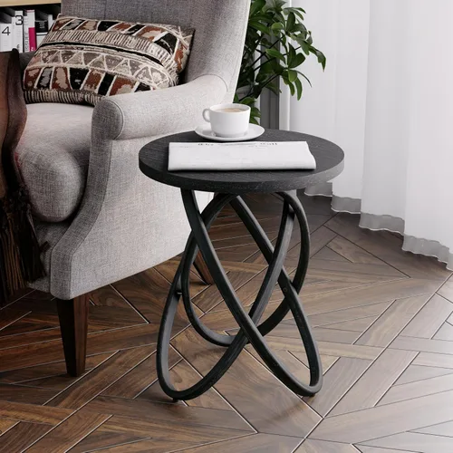 Vista 6 de COZAYH Mesa auxiliar redonda estilo granja de madera, mesa lateral rústica soporte para plantas con diseño de líneas entrelazadas para sala de Negro