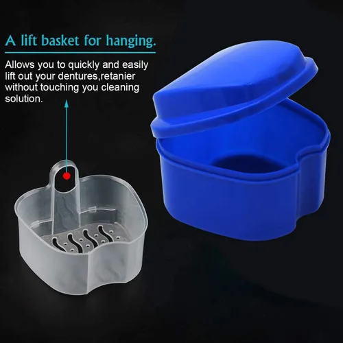 Vista 3 de Caja de dentadura azul oscuro, taza de dentadura con colador, caja de baño de dentadura postiza, caja de almacenamiento de dientes falsos con cesta