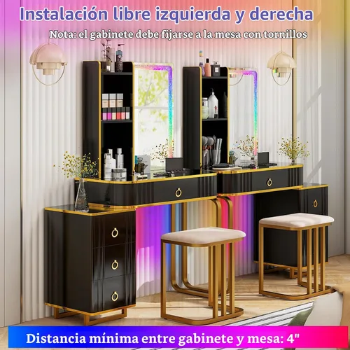 Vista 6 de CHARMAID RBG - Mesa de tocador de maquillaje LED, espejo iluminado colorido, 7 modos dinámicos y 7 estáticos, baúl de 3 cajones, 3 estantes, cajón