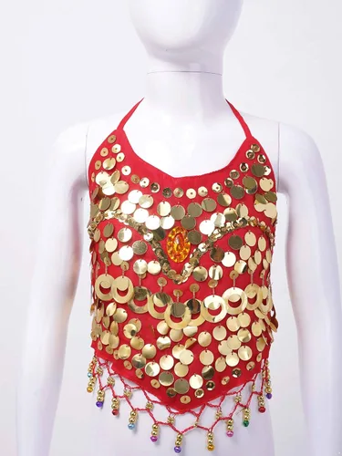 Vista 3 de Disfraz de baile del vientre para niñas, con lentejuelas, con borla, halter, vendaje, para escenario