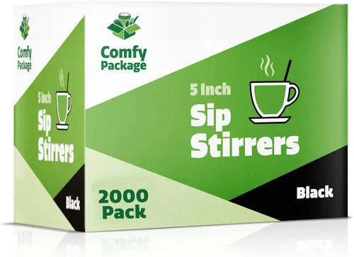Vista 5 de Comfy Package [2000 unidades] Agitadores de café de 5 pulgadas, pajitas de cóctel, palitos desechables de plástico, color negro Convenient 5" stir