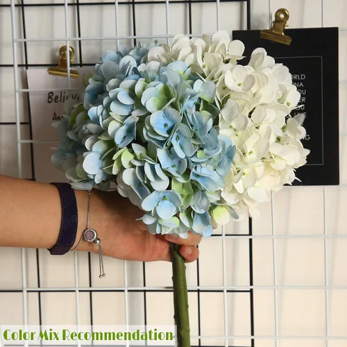 Vista 6 de Flores artificiales de hortensia, 6 ramos de hortensia de 14 pulgadas para bodas, bricolaje, decoración del hogar, centros de mesa (azul verde)