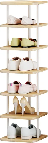 Vista 8 de AZERPIAN Zapatero de 7 niveles, organizador de almacenamiento vertical estrecho de metal delgado moderno, torre de zapatos de pie que ahorra espacio