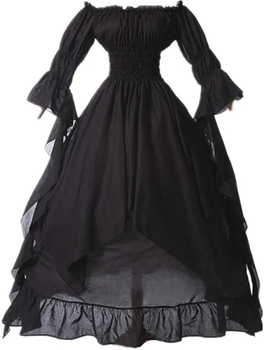 Vista 3 de Wirziis Vestido victoriano alto y bajo con hombros descubiertos, con volantes medievales, vestido renacentista