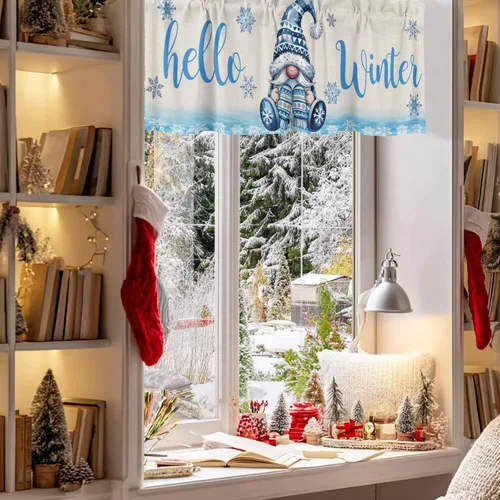 Vista 3 de Cenefa de Navidad para ventanas, cenefas de gnomo, cenefas de invierno con bolsillo para barra, tratamientos de ventana, diseño de copo de nieve