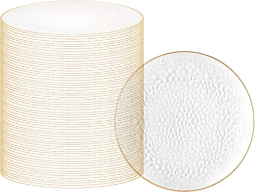 Vista 67 de PARTY BARGAINS Placas de carga de 13 pulgadas, paquete de 4, borde dorado transparente, cargadores desechables resistentes para comedor elegante Un