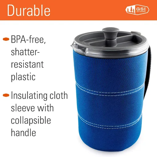 Vista 4 de GSI Outdoors, Cafetera de prensa francesa JavaPress de 30 onzas líquidas para acampar y viajar, color azul